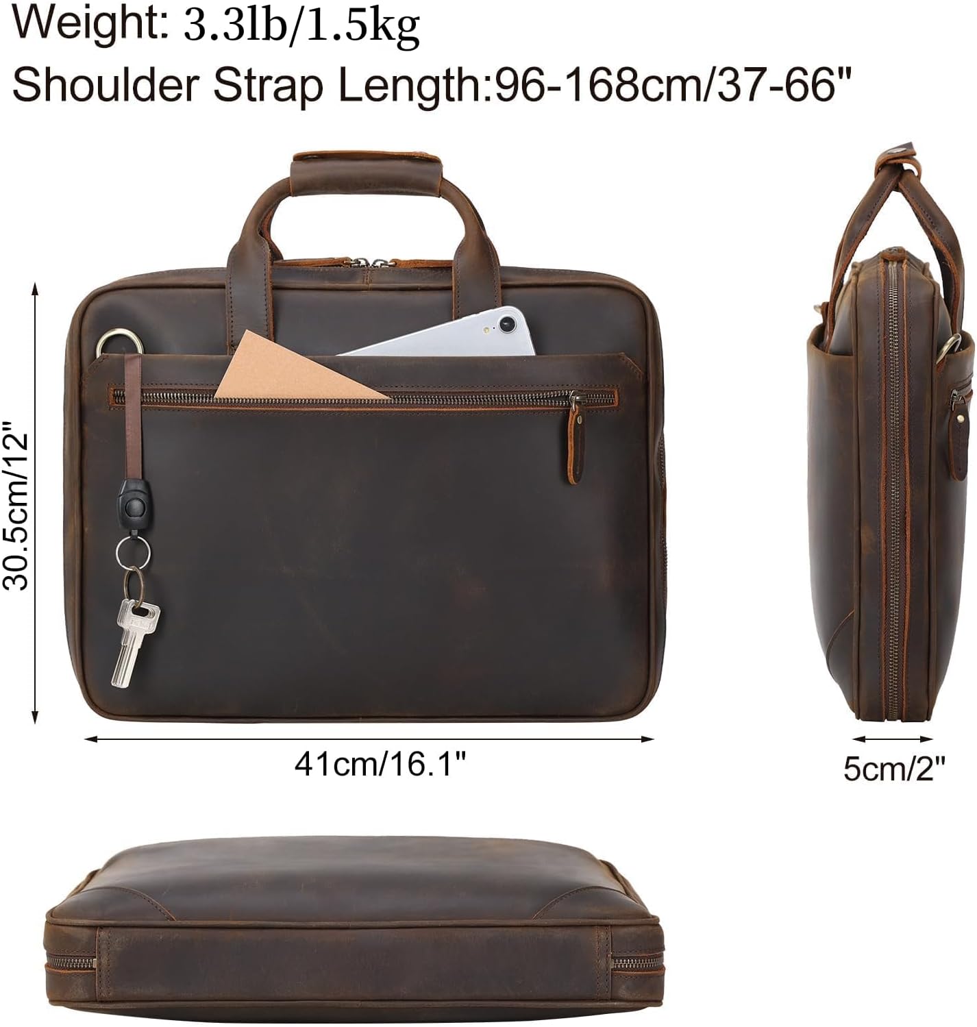 Leather Slim Briefcase for Men 14' - 16' Laptop Crossbody Messenger Bag Business Work Lawyer Attache Case