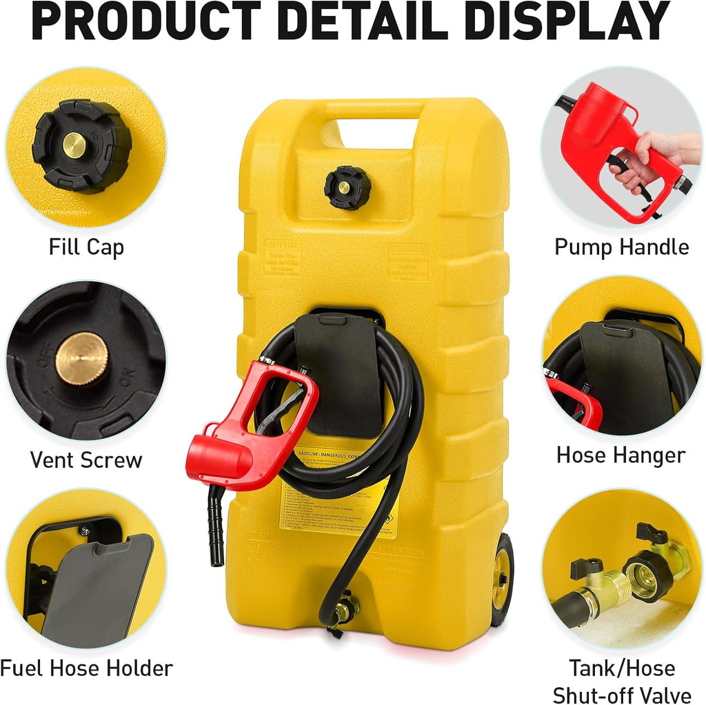 15 Gallon Fuel Tank, Gas Can Portable Container with LE Fluid Transfer Siphon Pump & 10ft Delivery Hose, Diesel Storage Caddy On-Wheels for Cars, Lawn Mowers, ATVs, Boats, etc. (Yellow)