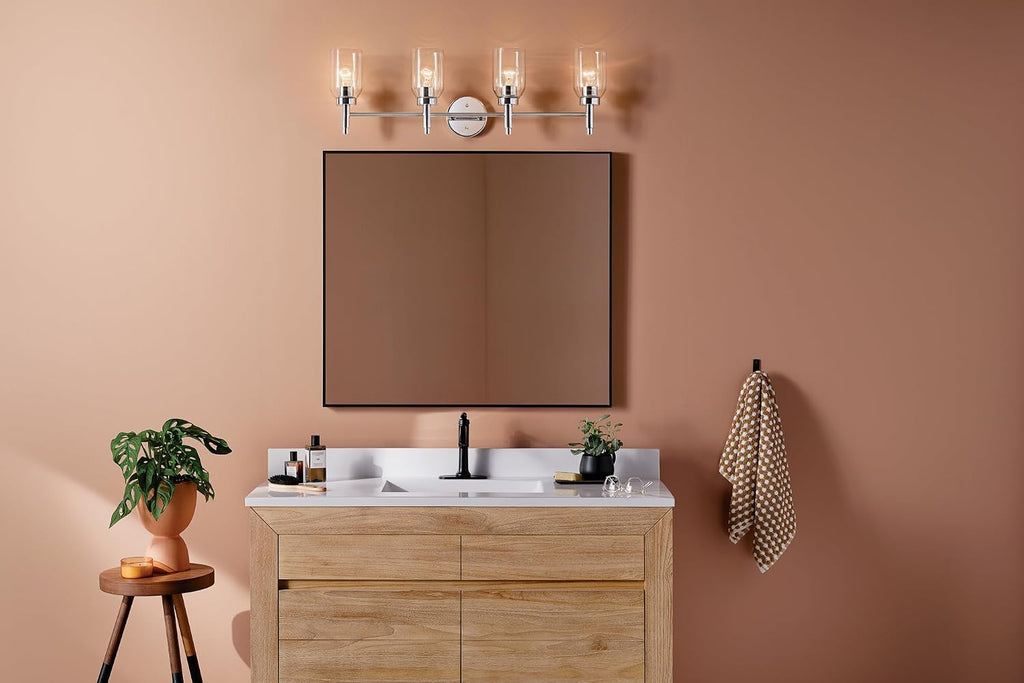 Kichler Madden 4-Light Bathroom Vanity Light Fixture with Clear Glass in Chrome, Modern Wall Mount Lighting for Single or Double Vanity Over Mirror (10.5' x 34'), 55186CH