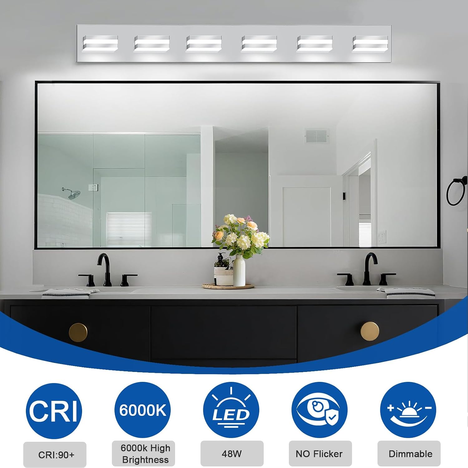 IZORRO LED Modern Bathroom Lights Fixtures(6-Light,Dimmable,360°Rotate),Chrome Acrylic Wall Lighting,Vanity Lights for Bathroom Over Mirror - 6000k 36In （No Assembly Required）