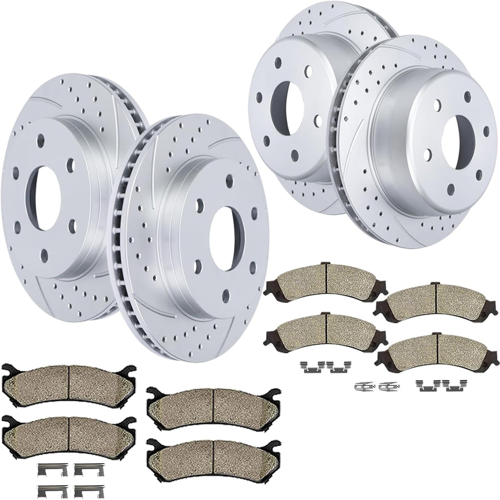 Front(12') and Rear(12.99') Brake Kit Fit for Chevrolet Avalanche Silverado Suburban Tahoe Cadillac Escalade ESV EXT GMC Sierra Yukon Drilled and Slotted Brake Rotors Ceramic Brake Pads Fit 4WD/AWD