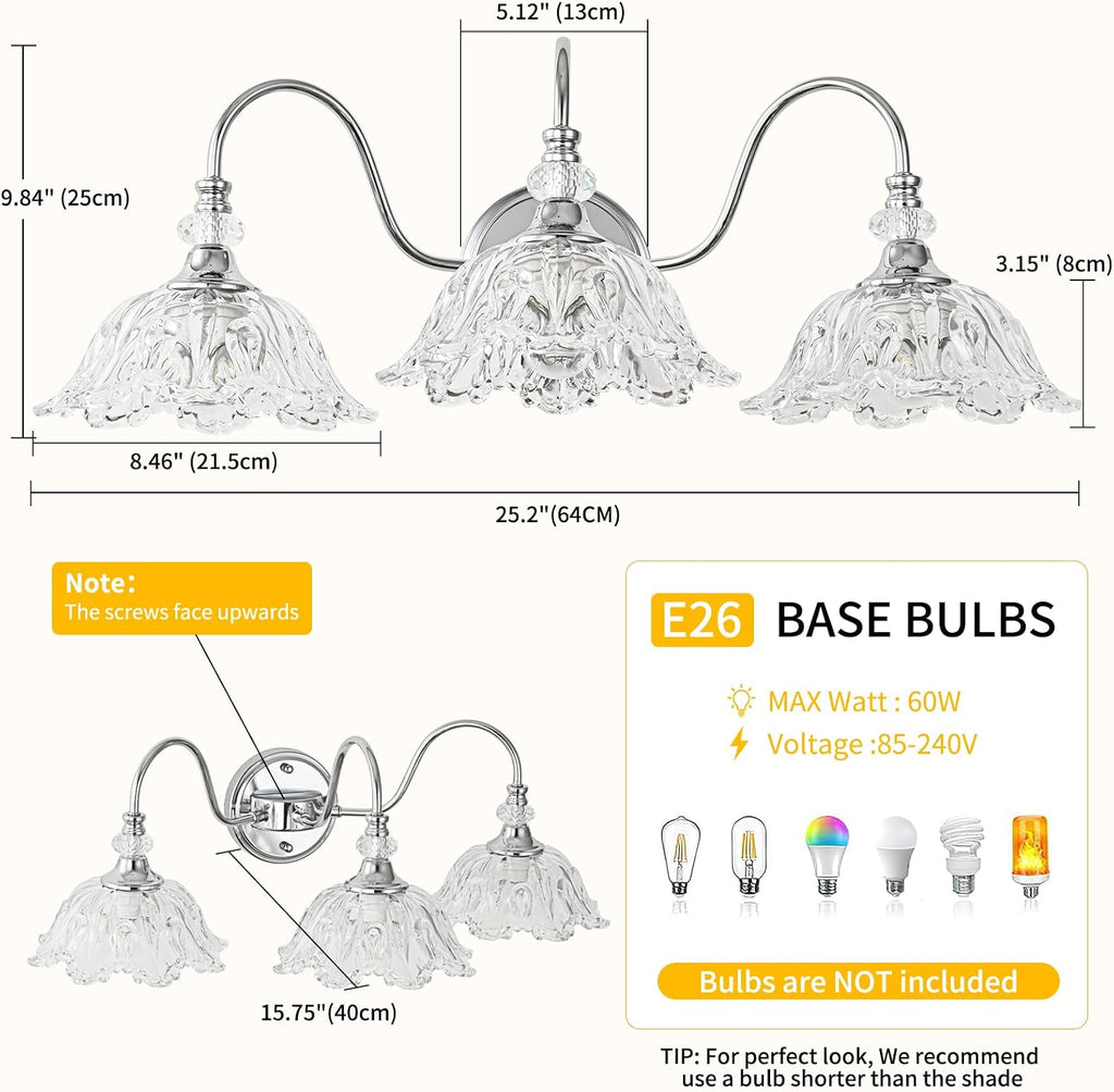Brushed Chrome 3-Light Bathroom Vanity Light with Floral Clear Glass Shades, Modern Wall Mount Lighting for Bathroom, Dressing Table
