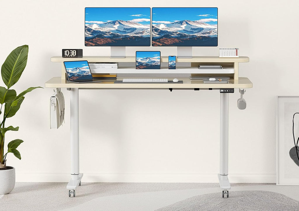 Flycity Electric Standing Desk with Dual Monitor Stand, Height Adjustable Desk Sit Stand Desk with Memory Controller, Casters & 2 Hooks, Low Noise Home Office Desk (Maple, 55' x 24')