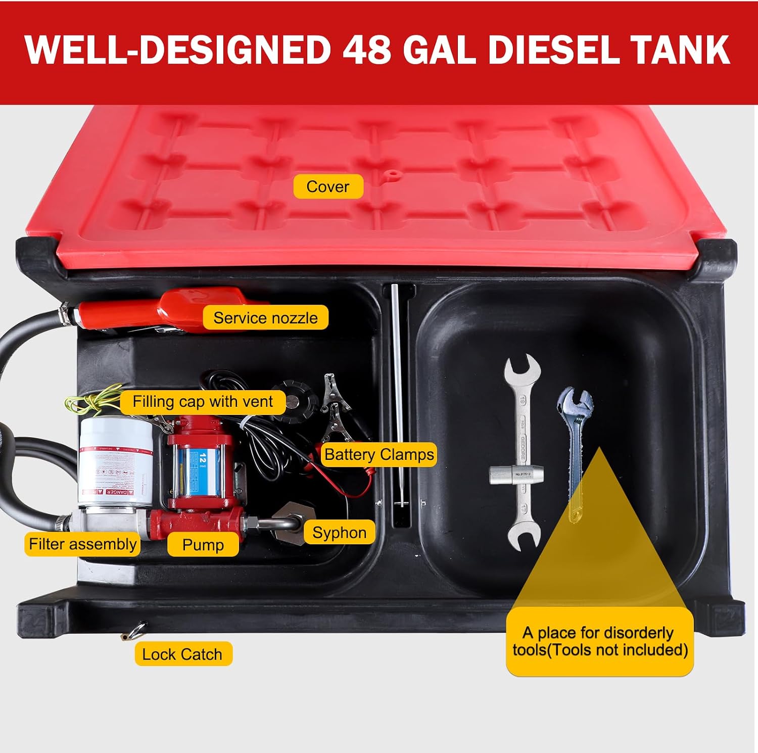 48 Gallon Fuel Transfer Tank with 12GPM Fuel Transfer Pump, Gasoline Diesel Fuel Tank Gas Container for Cars, ATVs, Boats, Lawn Mowers, Red