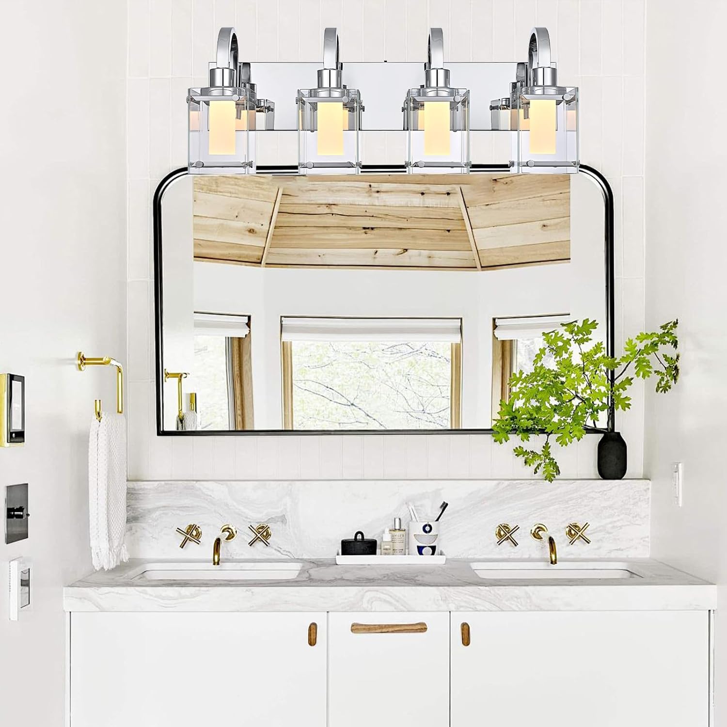 4-Light Chrome Vanity Light Fixtures, Modern LED Bathroom Wall Lights for Dressing Room, Integrated LED Chips with Frosted Column & Clear Square Glass Shades, Energy Saving Wall Sconce