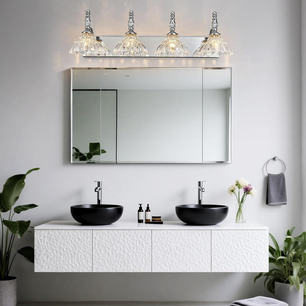 Vintage Bathroom Vanity Light, 4-Light Chrome Vanity Lighting Fixture with Flower Glass Shade, Bathroom Lighting Fixtures Over Mirror