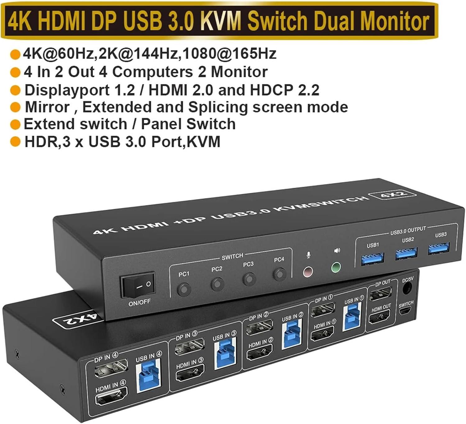 4 Port HDMI KVM USB 3.0 Switch 4X2 Dual Monitor 4K@60Hz Extended Display DP in 2 Out for PC Share Keyboard Mouse(ZY-AHD42U,EU Power Plug)