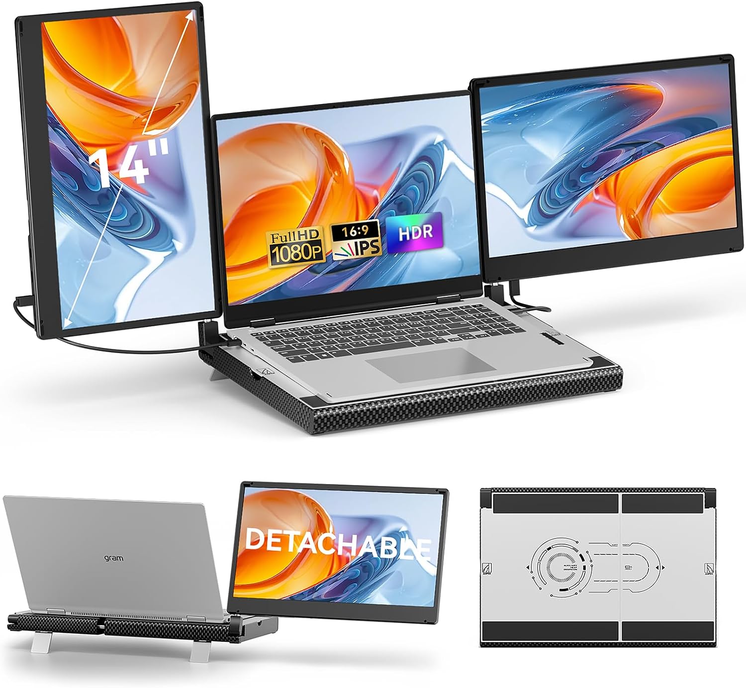 14' Laptop Screen Extender Smart Base - Upgraded Triple Portable Monitor FHD 1080P -300% More Efficient, 360° Rotation/Detachable Dual Display, Plug-Play USB C/HDMI,Laptop Monitor Extender for Win/Mac
