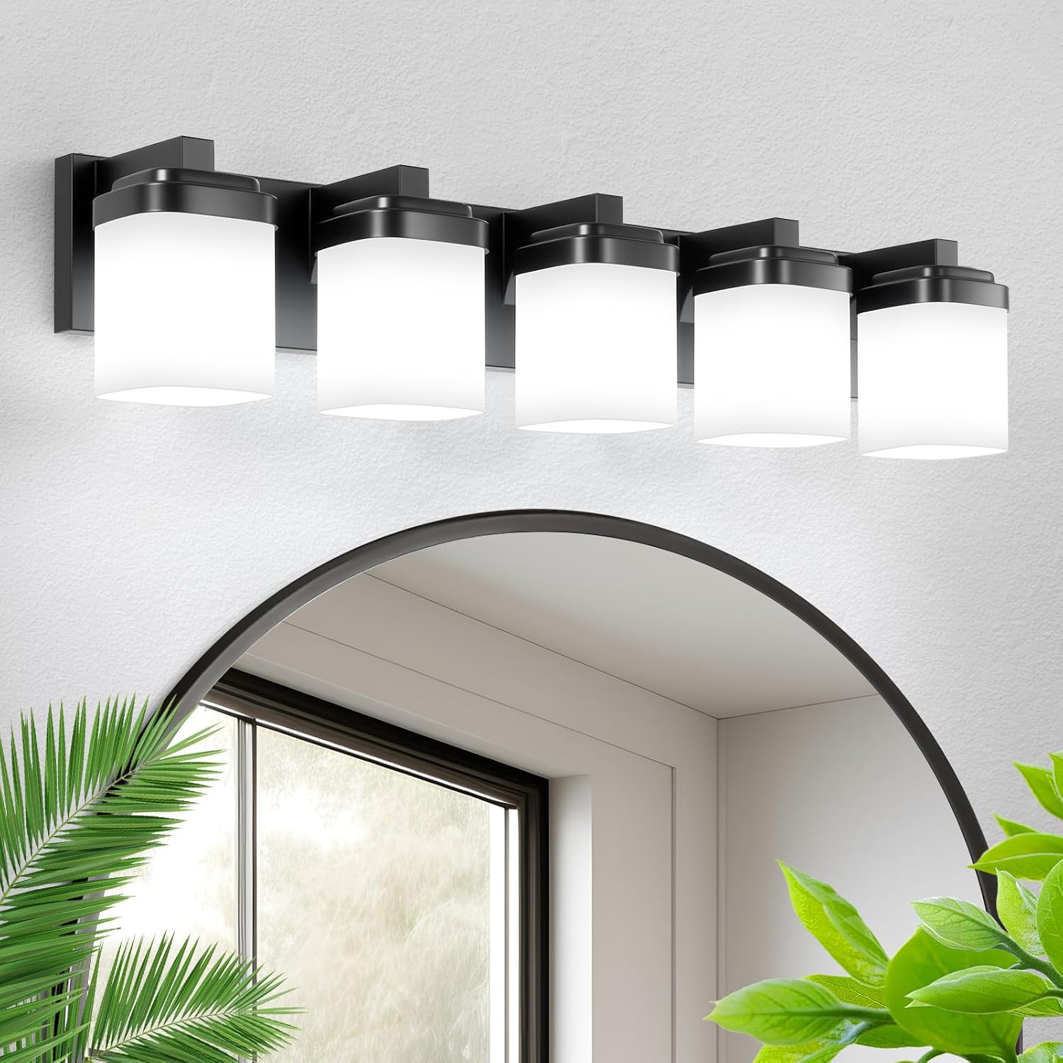 Vanity Lights, Bathroom Light Fixtures with Milky White Square Glass Shade, Modern Vanity Light Over Mirror, Bathroom Light Fixtures, Wall Sconce Light 5-Light Black, E26 Base