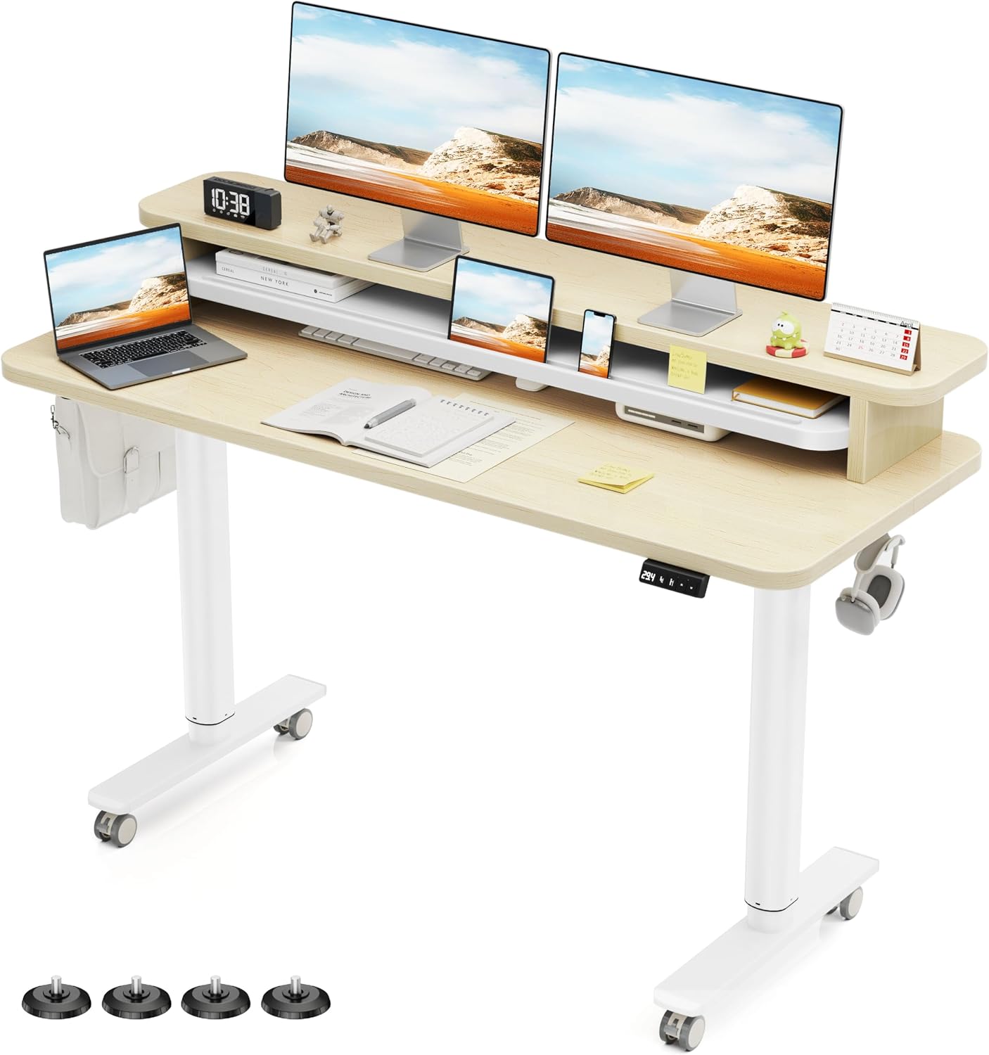 Flycity Electric Standing Desk with Dual Monitor Stand, Height Adjustable Desk Sit Stand Desk with Memory Controller, Casters & 2 Hooks, Low Noise Home Office Desk (Maple, 55' x 24')