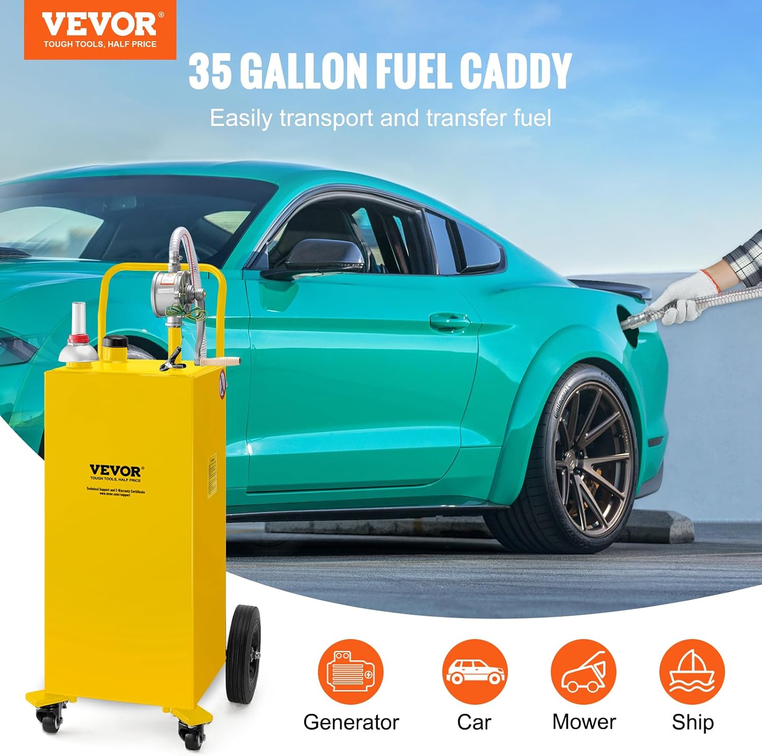 VEVOR Fuel Caddy, 35 Gallon, Gas Storage Tank on 4 Wheels, with Manual Transfer Pump, Gasoline Diesel Fuel Container for Cars, Lawn Mowers, ATVs, Boats, More, Yellow