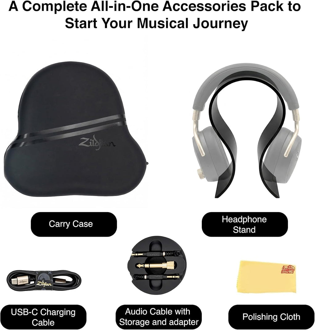 Zildjian ALCHEM-E Perfect Tune Headphones - Black Bundle with Carrying Case, Stand, and Austin Bazaar Polishing Cloth