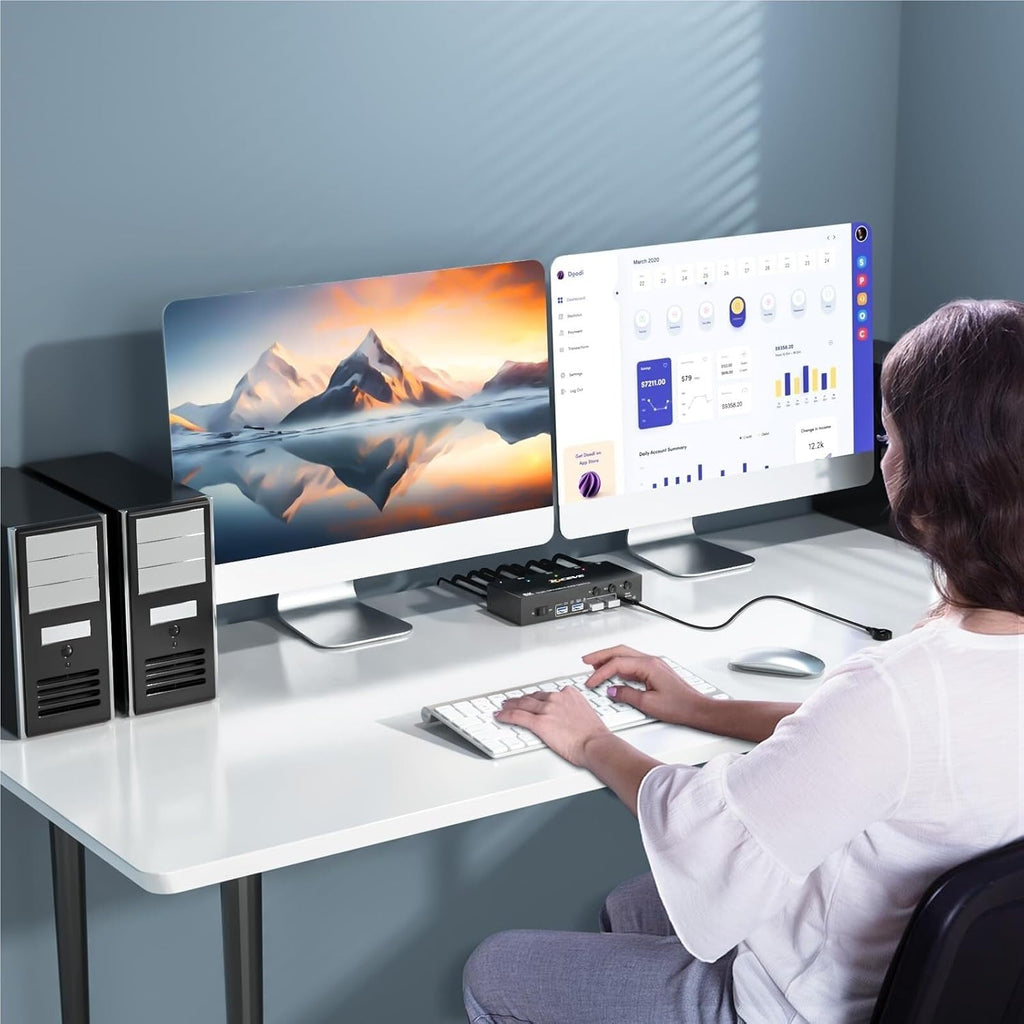 8K Displayport KVM Switch 2 Monitors 3 Computers 8K@60Hz 4K@144Hz,Dual Monitor KVM Switch Displayport with 4 USB 3.0 Ports(with EU Plug)