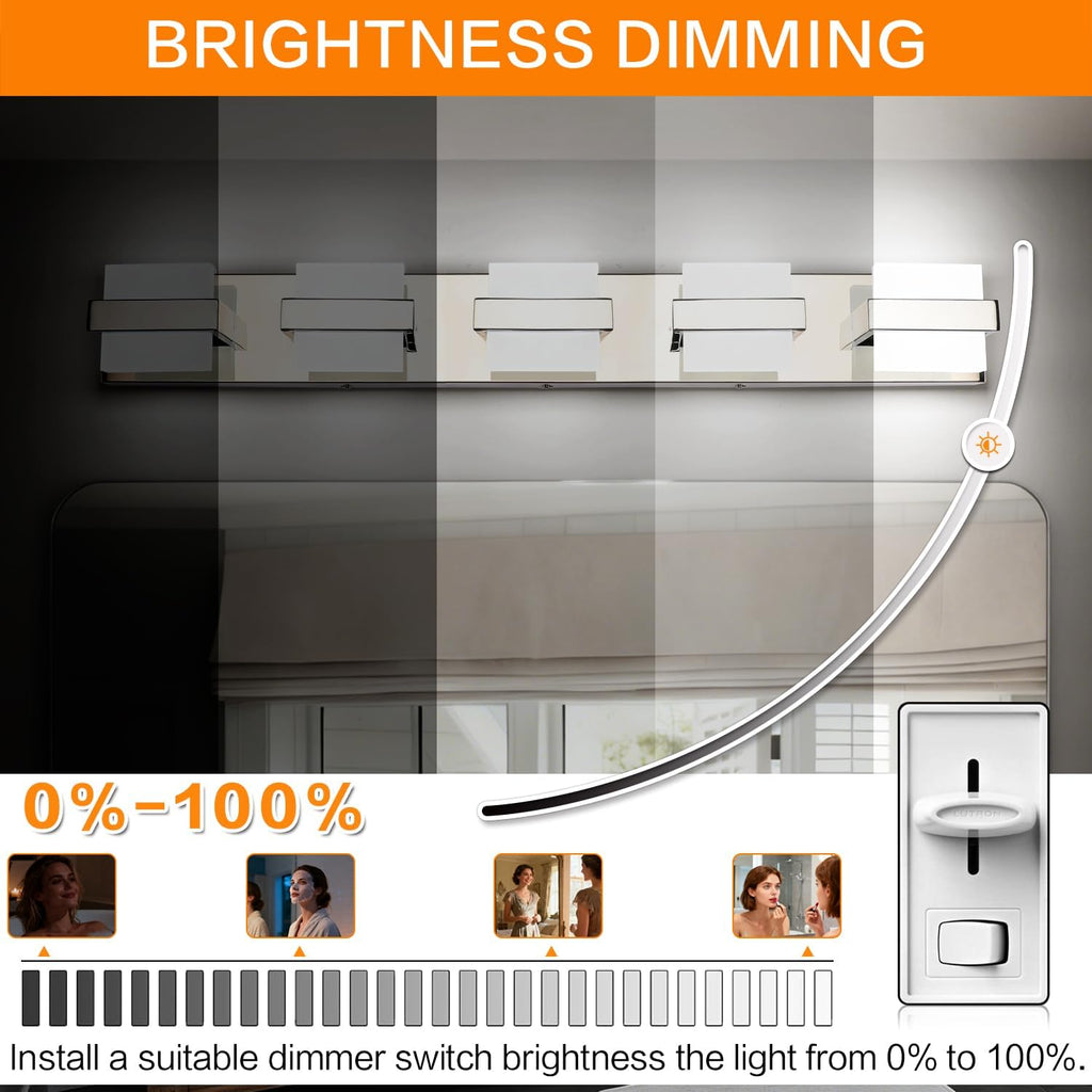 SOLFART Chrome 5 Light Bathroom Vanity Lights Over Mirror, Modern Chrome Bathroom Light Fixtures LED Lights Dimmable
