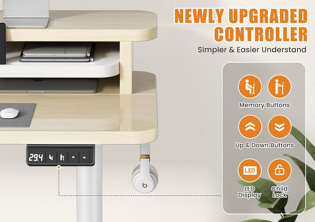 Flycity Electric Standing Desk with Dual Monitor Stand, Height Adjustable Desk Sit Stand Desk with Memory Controller, Casters & 2 Hooks, Low Noise Home Office Desk (Maple, 55' x 24')