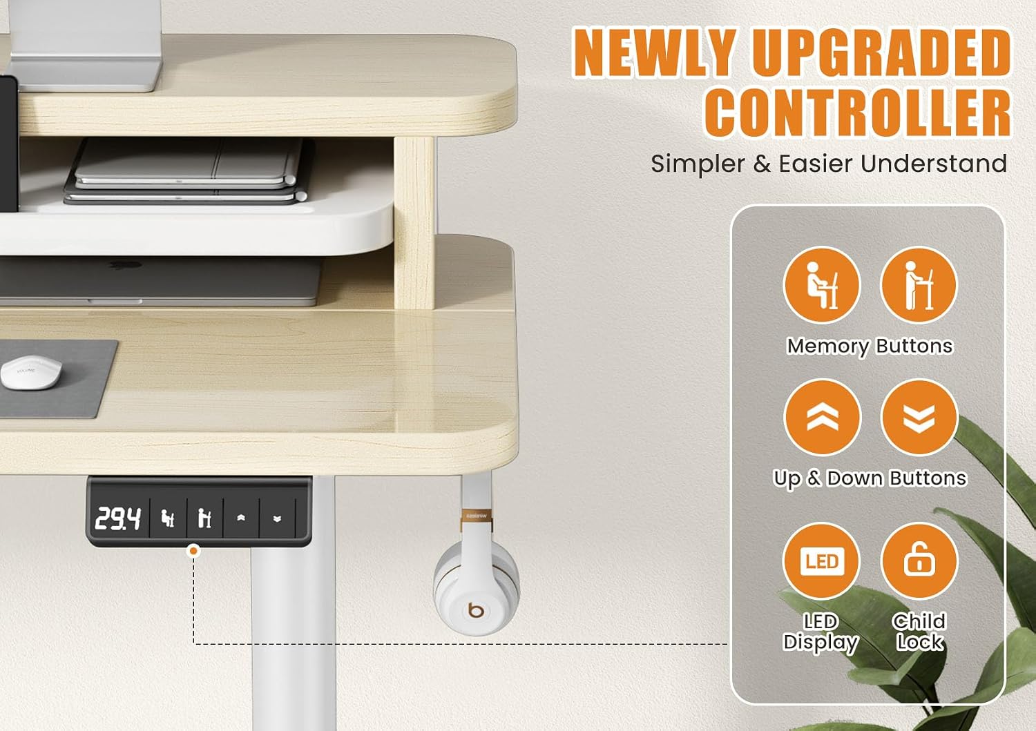 Flycity Electric Standing Desk with Dual Monitor Stand, Height Adjustable Desk Sit Stand Desk with Memory Controller, Casters & 2 Hooks, Low Noise Home Office Desk (Maple, 55' x 24')