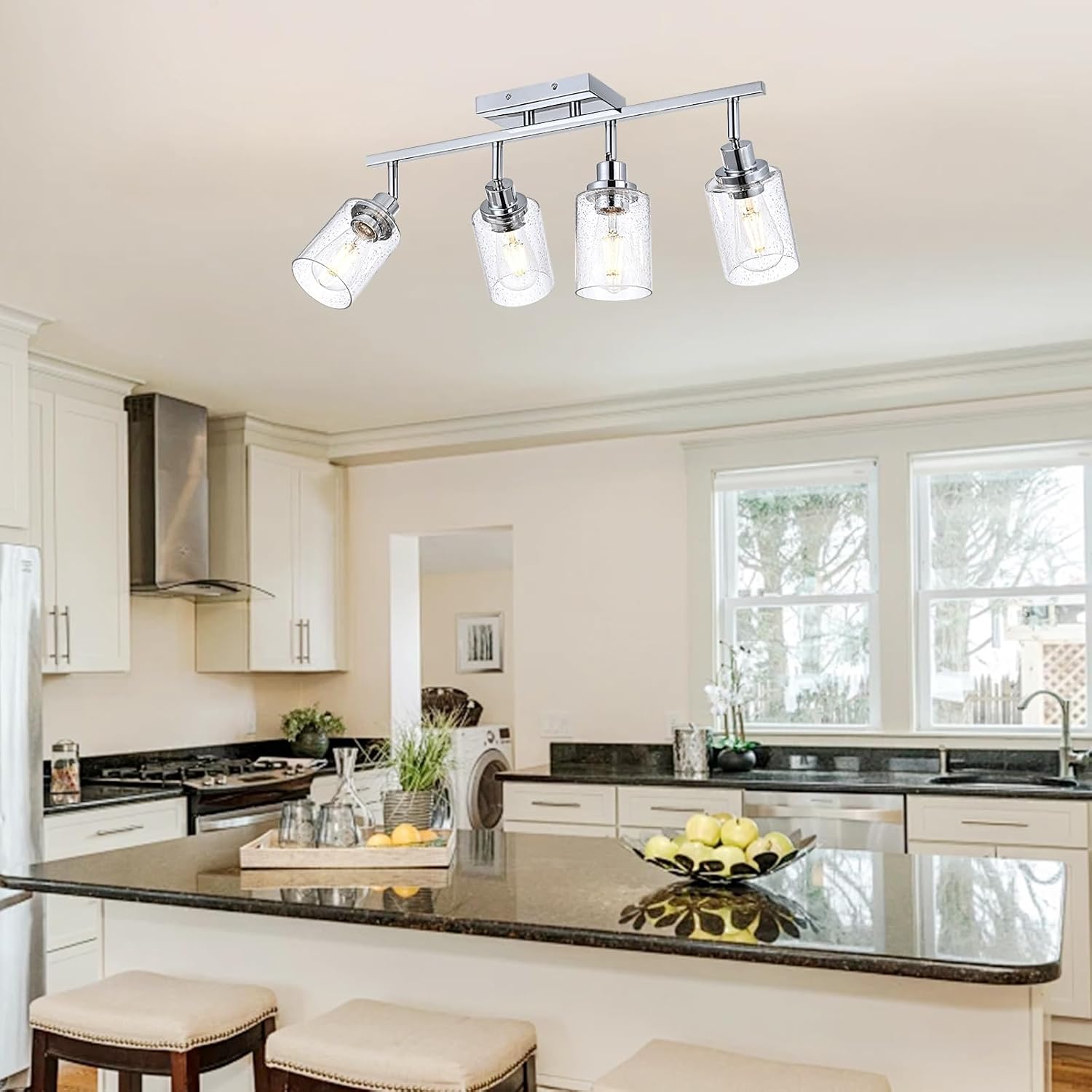 4-Light Multi-Directional Rotating Track Light Fixture Ceiling Track Lighting Heads with Seeded Glass Chrome Track Lighting Kit Bathroom Vanity Light Spotlight Fixtures for Kitchen Accent Shop