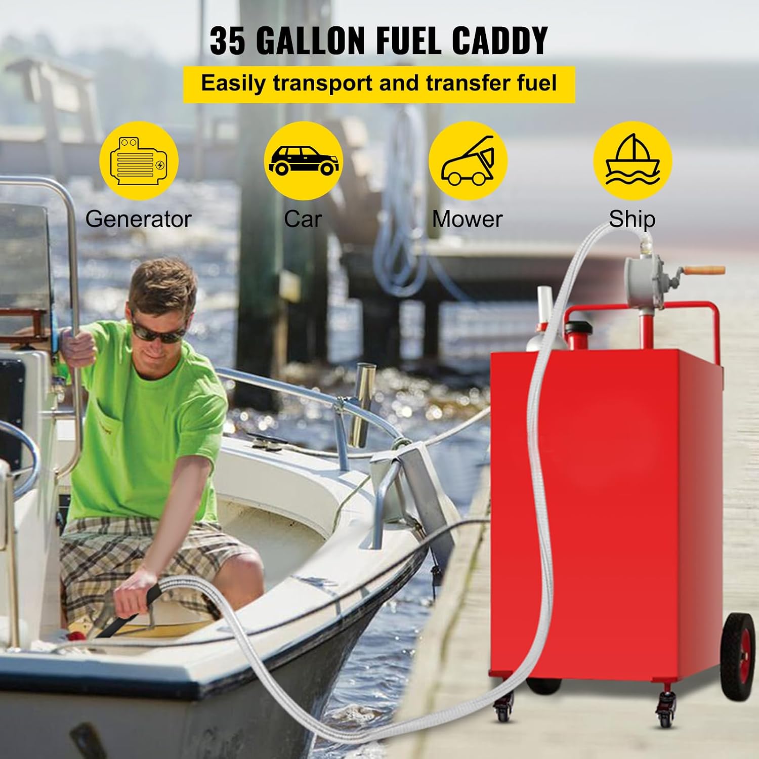 Happybuy Fuel Caddy, 35 Gallon, Gas Storage Tank on 4 Wheels, with Manual Transfer Pump, Gasoline Diesel Fuel Container for Cars, Lawn Mowers