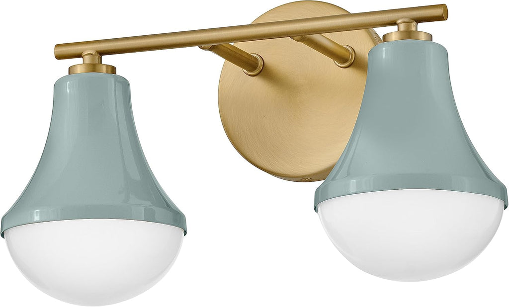 Lark Haddie 85512SF Modern Two-Light Bath Vanity, Fixture Mounts Up or Down, Shades Secured in Place, Seafoam and Lacquered Brass