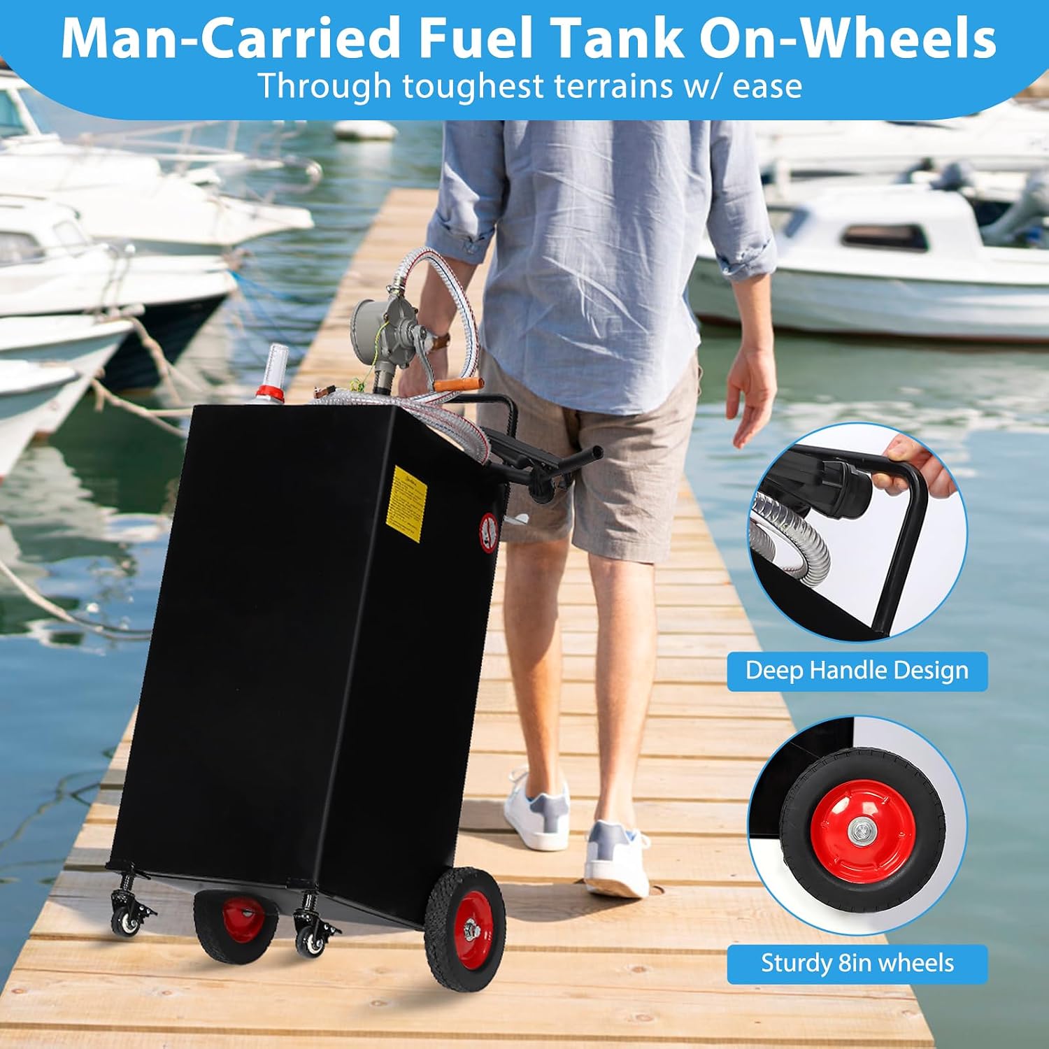 35 Gallon Portable Fuel Caddy with Manual Pump – Heavy Duty Gasoline & Diesel Transfer Tank, 4-Wheel Mobile Fuel Storage for Trucks, Boats, Lawn Mowers & Farm Use – Black