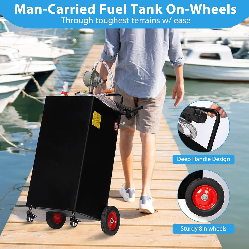 35 Gallon Portable Fuel Caddy with Manual Pump – Heavy Duty 4 Wheel Fuel Tank for Gasoline & Diesel, Mobile Fuel Storage for Trucks, Boats, Lawn Mowers & Farms – Black