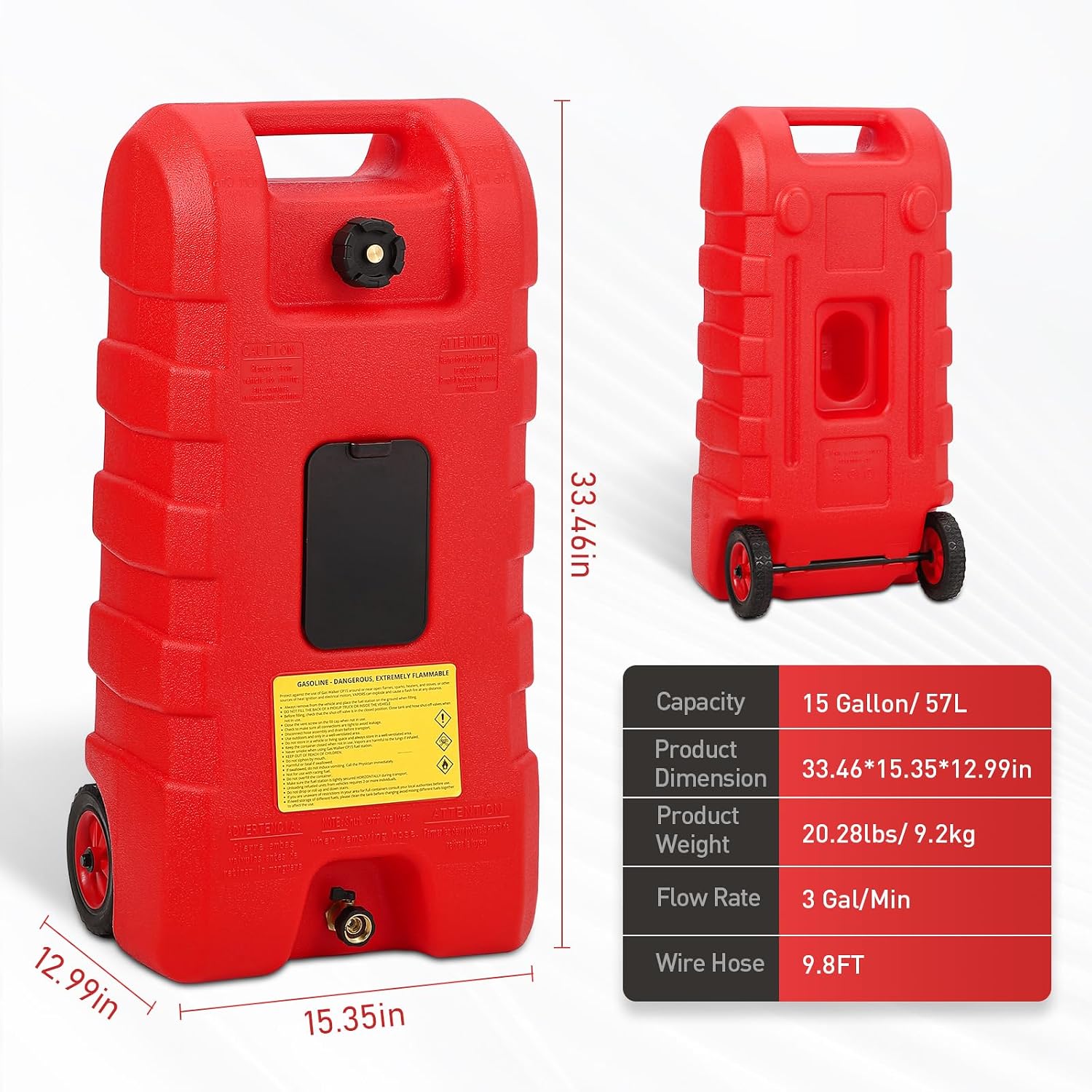 15 Gallon Fuel Tank, Gas Can Portable Container with LE Fluid Transfer Siphon Pump & 10ft Delivery Hose, Diesel Storage Caddy On-Wheels for Cars, Lawn Mowers, ATVs, Boats, etc., Red