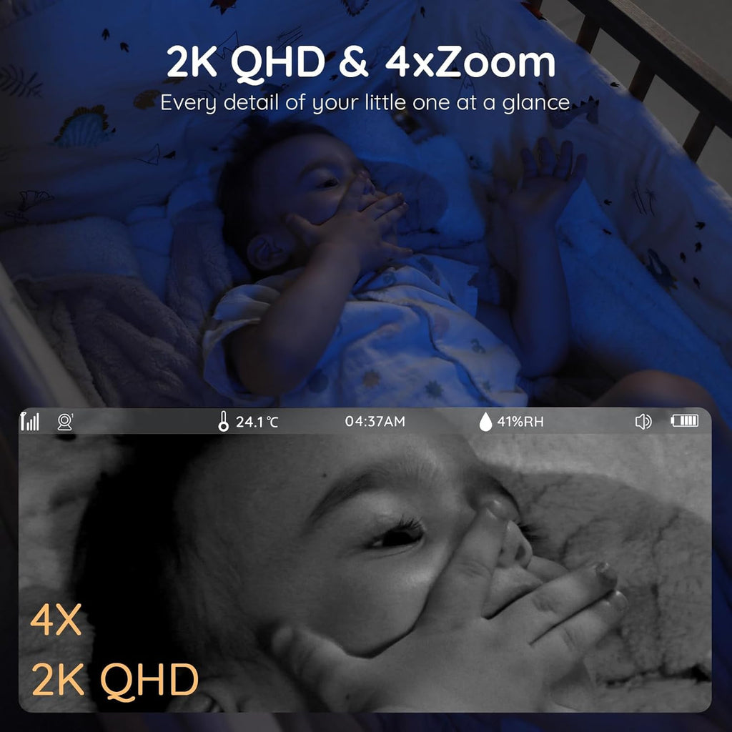 Boifun 2K Wifi Baby Monitor with 2 Cameras, Soothing Night Light, APP & 5' Split-screen Control, Motion/Cries/Noise/Customizable Alarm Zones Detect, Auto Tracking, PTZ, Humidity&Temperature Monitoring
