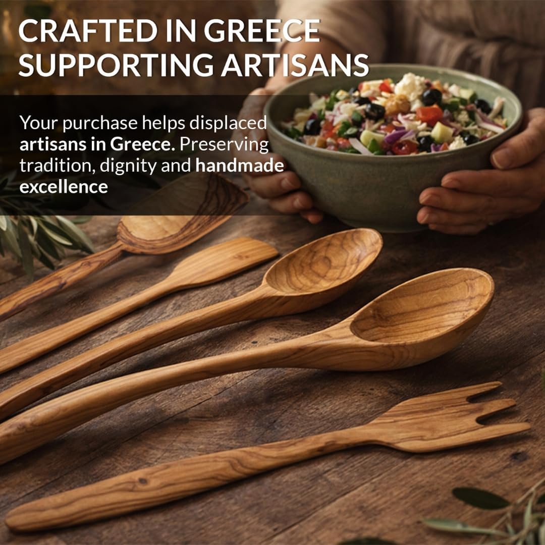 LESVOS WOODCRAFT - Premium Deep Bowl Olive Wood Cooking Utensil Set - 5-Piece Artisan Cooking and Serving Utensil Bundle, Olive Wood Utensils, Fair-Trade, Handcrafted, Includes 2 Greek Recipes