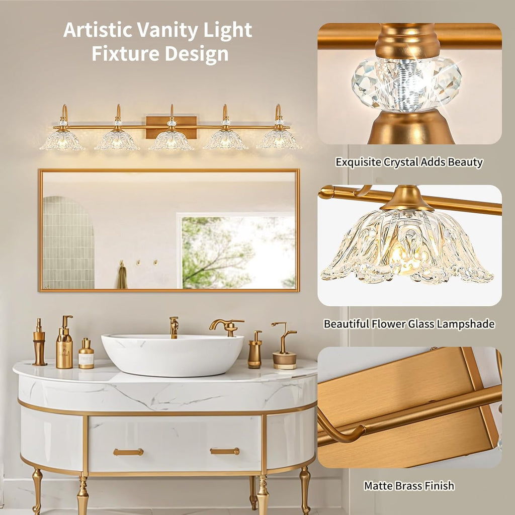 Vintage Bathroom Vanity Light, 5-Light Matte Brass Finish Vanity Light with Floral Clear Glass Shades, Retro Wall Mount Lighting for Bathroom, Dressing Table