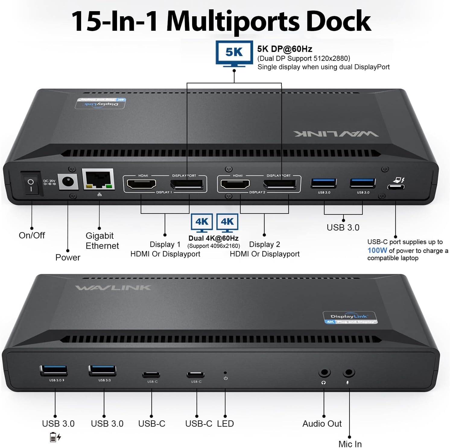 WAVLINK DisplayLink Laptop Docking Station - Dual Monitor 4K@60Hz, 100W Charging for Thunderbolt 4/3, USB-C/A, M1-M5 Mac/MacBook Neo, Windows, Chrome - 2HDMI, 2DP, 6 USB Ports, LAN, Audio