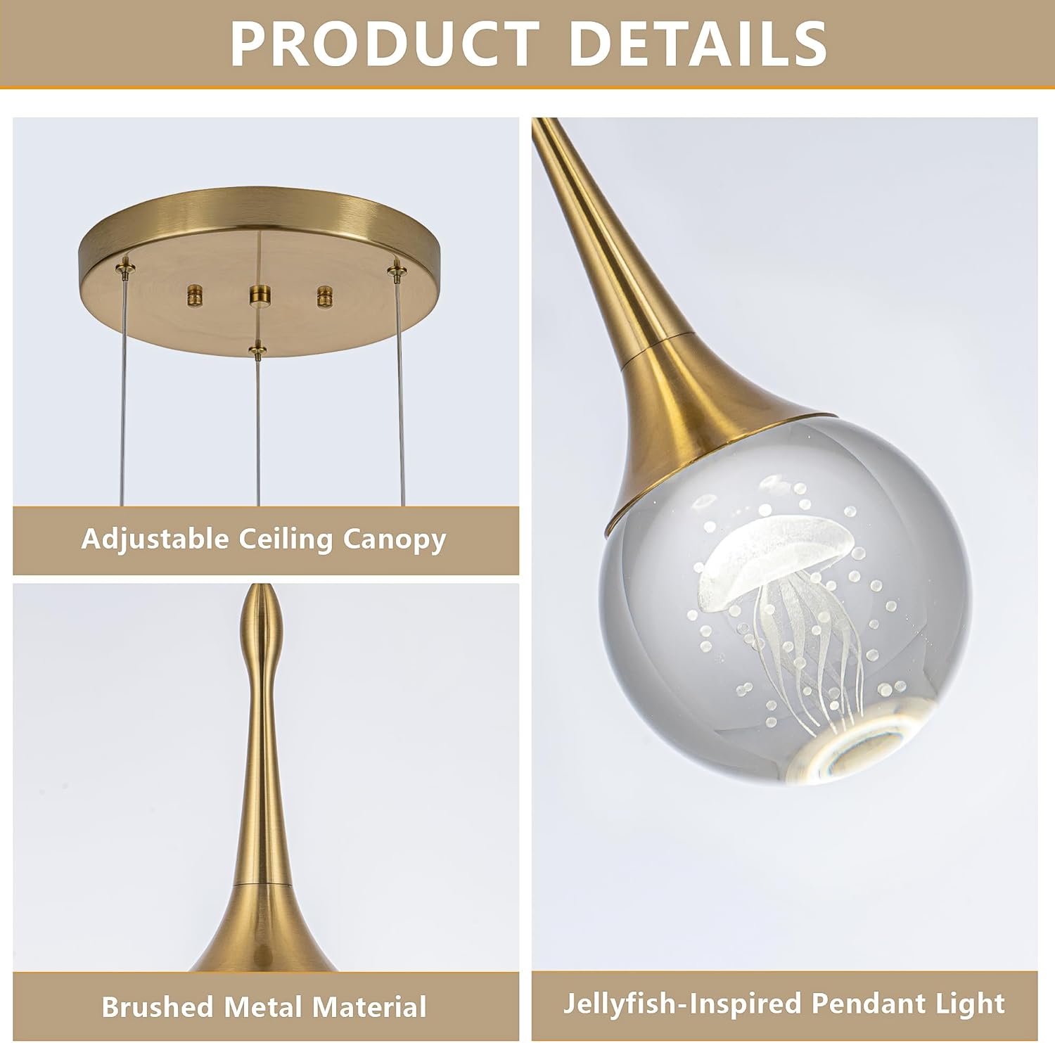 CHYING 3-Lights Pendant Lights Kitchen Island, Modern LED Dimmable Globe Crystal Jellyfish Teardrop Ceiling Pendant Lighting for Dining Room Hallway Entryway Bedroom, Gold Warm White