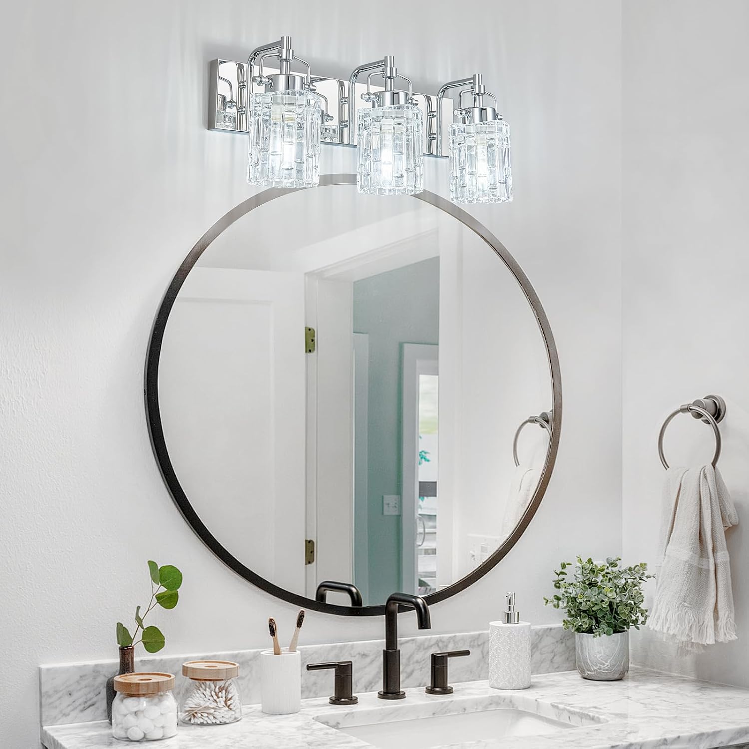 3 Light Crystal Glass Vanity Light, Chrome Bathroom Lighting Fixtures Over Mirror Modern Bath Wall Sconce Lighting for Bedroom Living Room