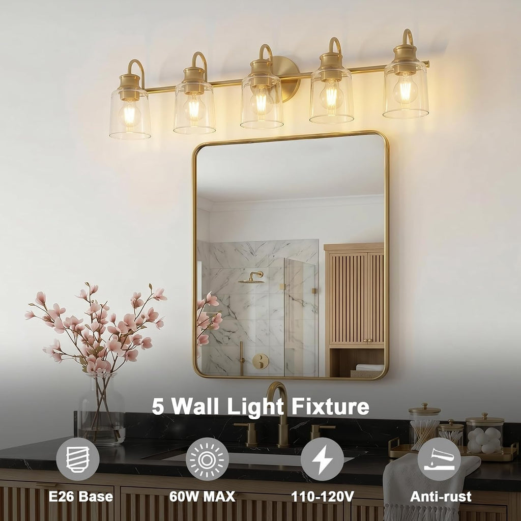 5 Lights Bathroom Light Fixtures Modern Gold Vanity Lights for Bathroom Lighting Fixtures Over Mirror with Clear Glass Shade for Cabinet Mirror Bedroom Hallway