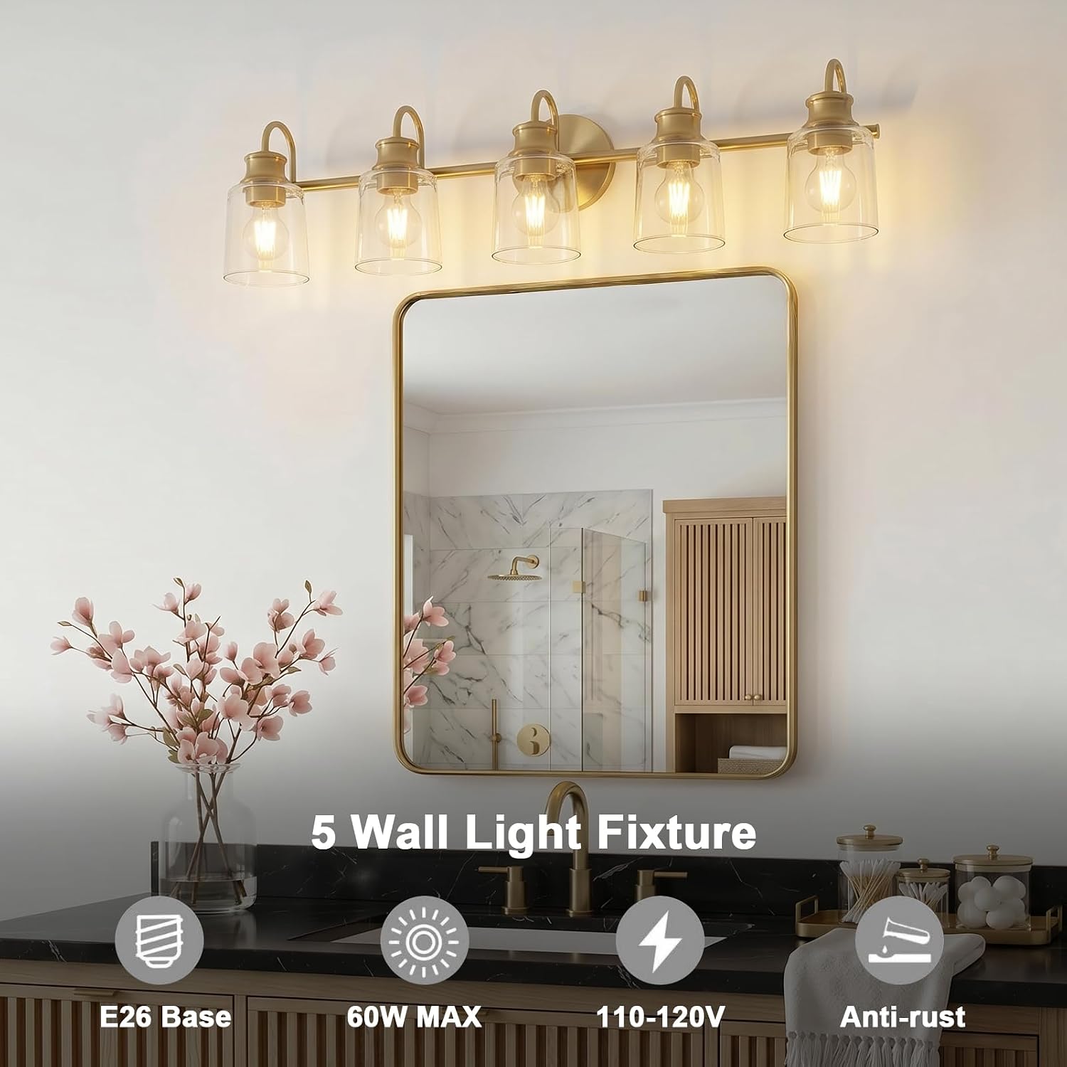 5 Lights Bathroom Light Fixtures Modern Gold Vanity Lights for Bathroom Lighting Fixtures Over Mirror with Clear Glass Shade for Cabinet Mirror Bedroom Hallway