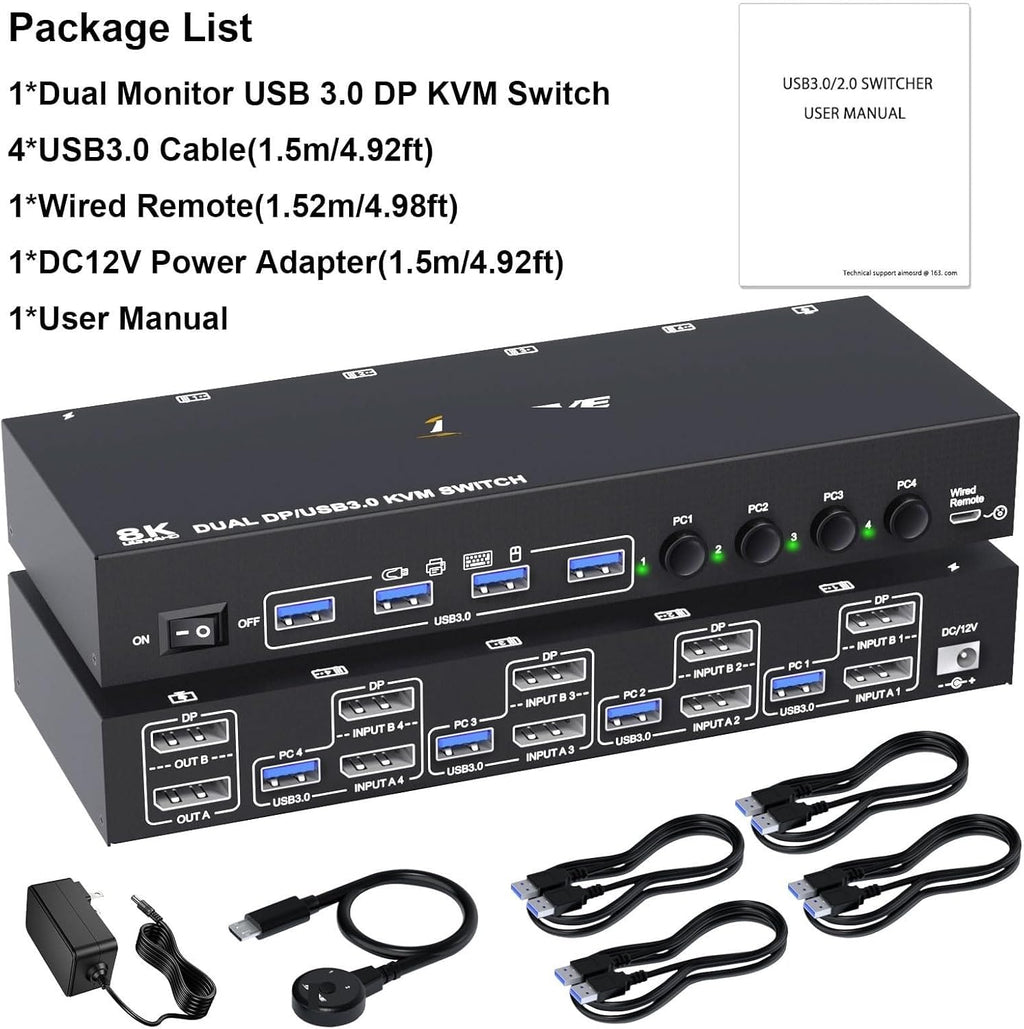 Dual Monitor KVM Switch USB 3.0 Displayport KVM Switch 2 Monitors 3 Computers 3 Computers Share 2 Monitor(302DP UK)