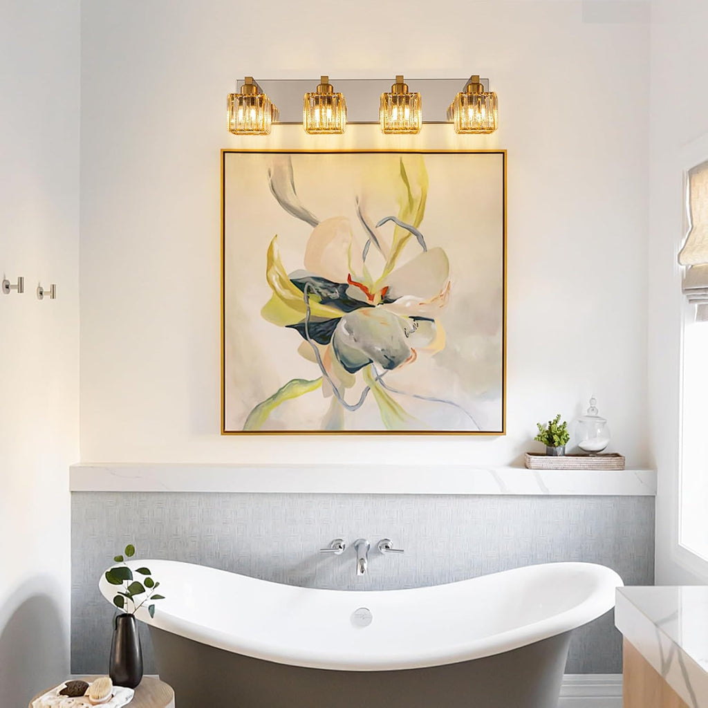 Crystal Bathroom Vanity Light Gold Chrome 4-Light Modern Chrome Vanity Light for Bathroom Square Wall Sconce