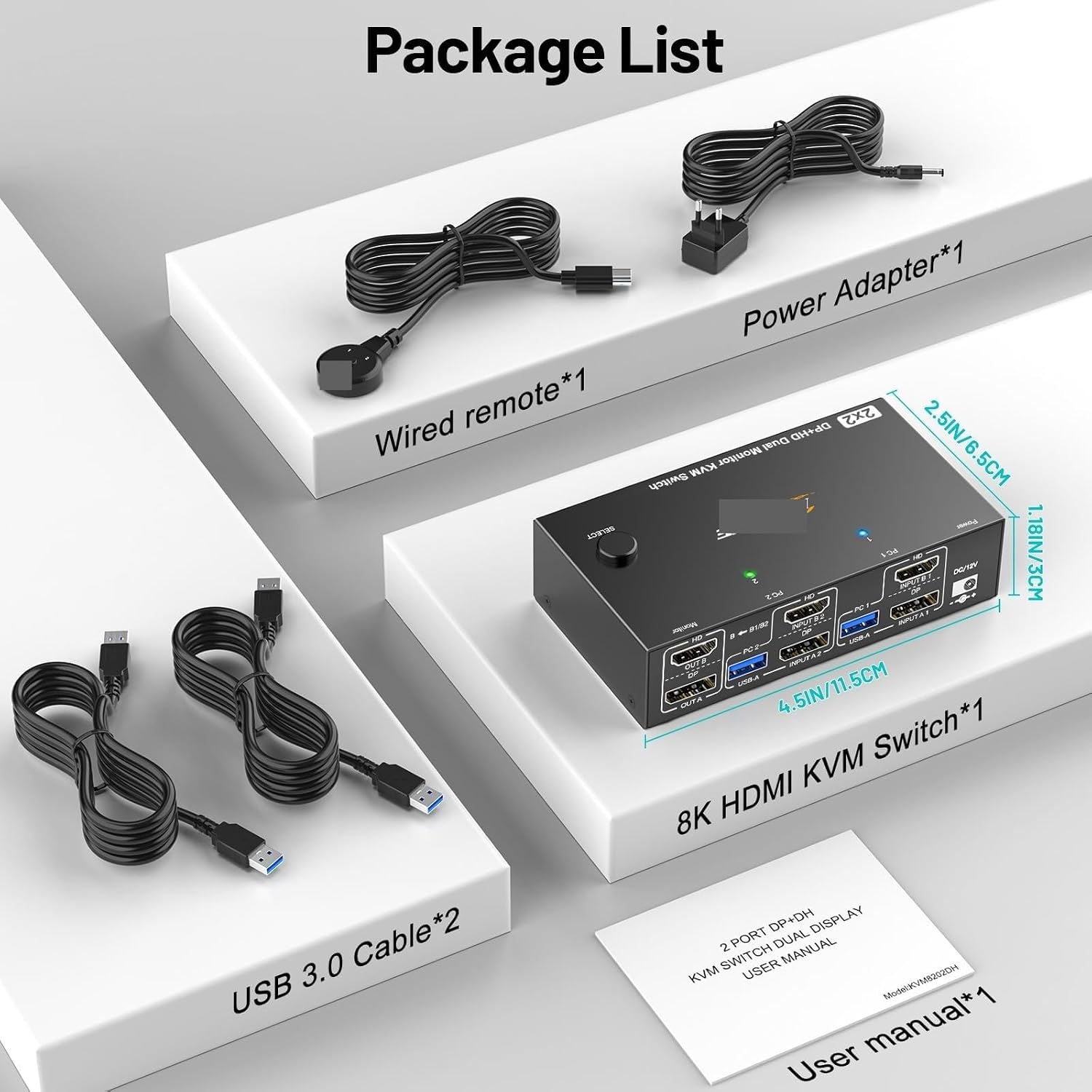 8K KVM Switch 2 Monitors 2 Computers,HDMI + Displayport Dual Monitor KVM Switch with 4 USB 3.0 Port for Keyboard Mouse Printe(AU Power Adapter)