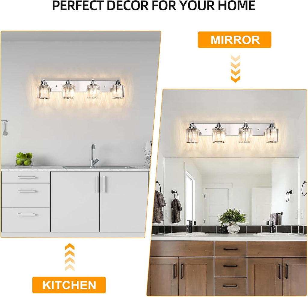 4 Lights Crystal Bathroom Vanity Light Modern Chrome Bathroom Light Fixture Bathroom Lighting Fixtures Over Mirror for Mirror E26 Base