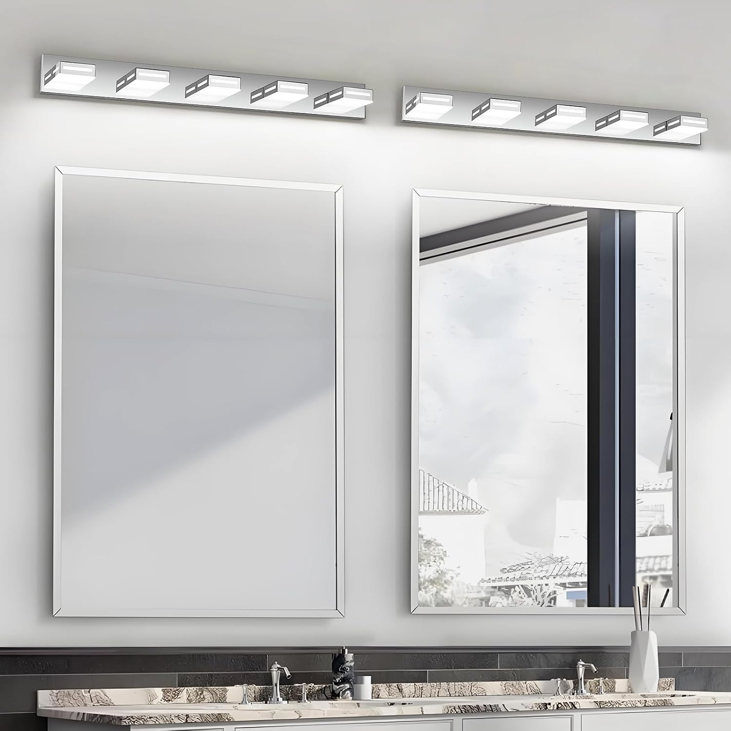 LED Modern Bathroom Light Fixtures, 5-Light 40-Inch Chrome Vanity Lights for Bathroom Lighting Fixtures Over Mirror, 6000K Cool White 350° Rotatable Wall Lamp