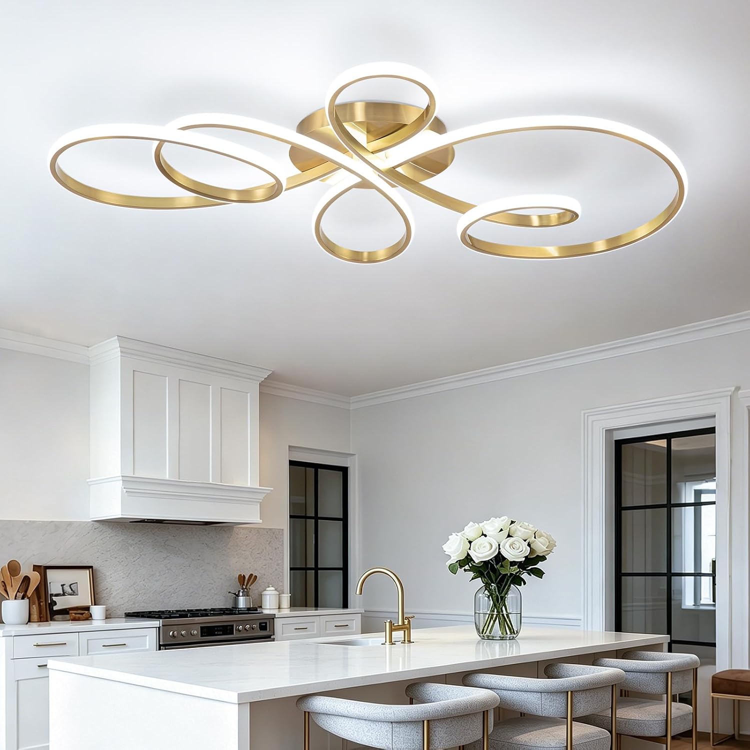 20inch Modern LED Ceiling Light, 5 Rings Flower Black Dimmable Ceiling Lamp for Living Room, Bedroom, Dining Room, Kitchen (Gold,39.37Inch)