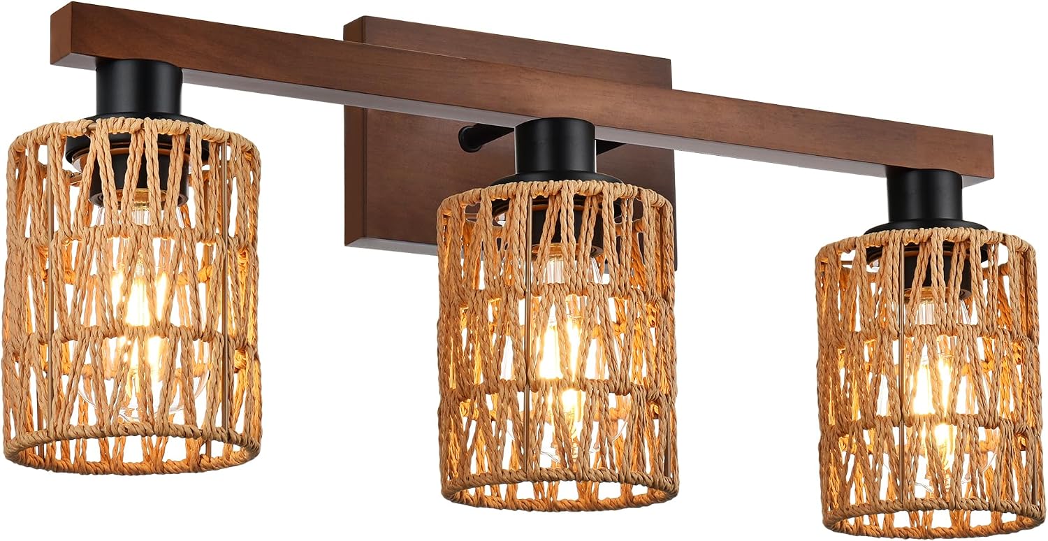MELUCEE 21 Inches Farmhouse Vanity Light Fixture with Rattan Lampshade, 3-Light Bathroom Wood Wall Light Over Mirror Rustic Vintage Wall Sconce Lighting for Bathroom Kitchen Hallway