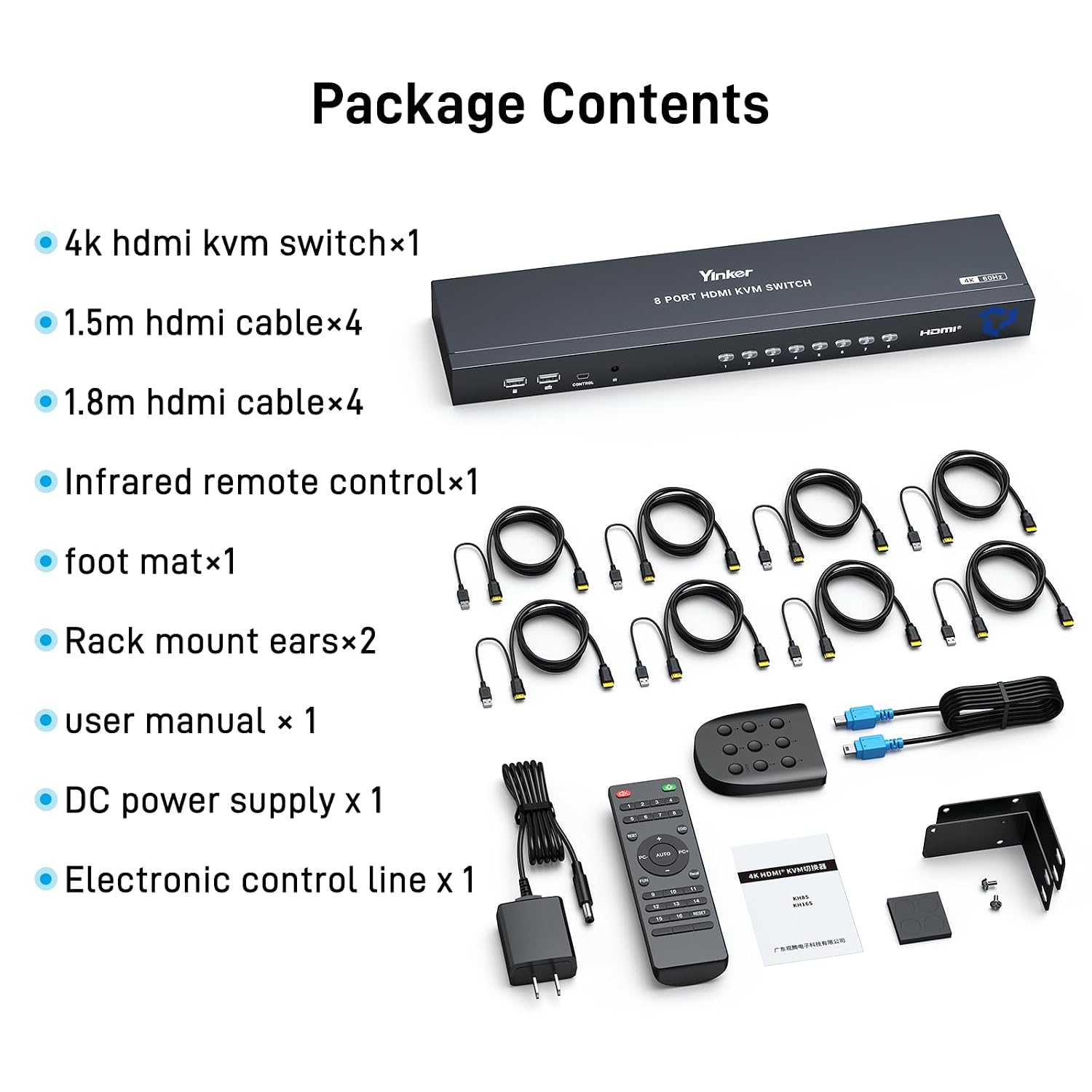 8 Port HDMI KVM Switch, Yinker 4K@60Hz 2K@144Hz USB Rack Mount KVM HDMI Switch w/8 Pack KVM Cables, Support RGB 4:4:4, HDCP 2.2, 3.5mm Audio, 4 USB 2.0, IR Remote