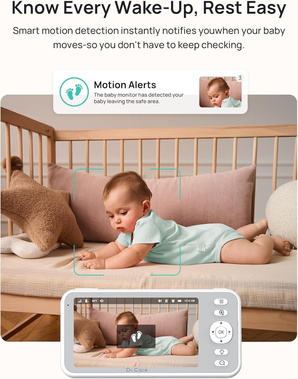 Dr.Care LumiView Smart WiFi Baby Monitor with Clip Mount - 5' 1080P FHD & 2K Camera App Control, Privacy Mode, 5000mAh Removable Battery, Cry & Motion Alerts, HD Night Vision, RGB Night Light