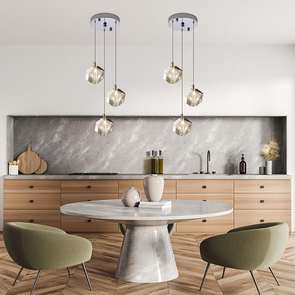 3-Light Cube Crystal Pendant Lighting, Cluster Square Pendant Chandelier in Chrome, Clear Crystal Hanging Pendant Ceiling Light Fixture for Dining Room Kitchen Island, 9W