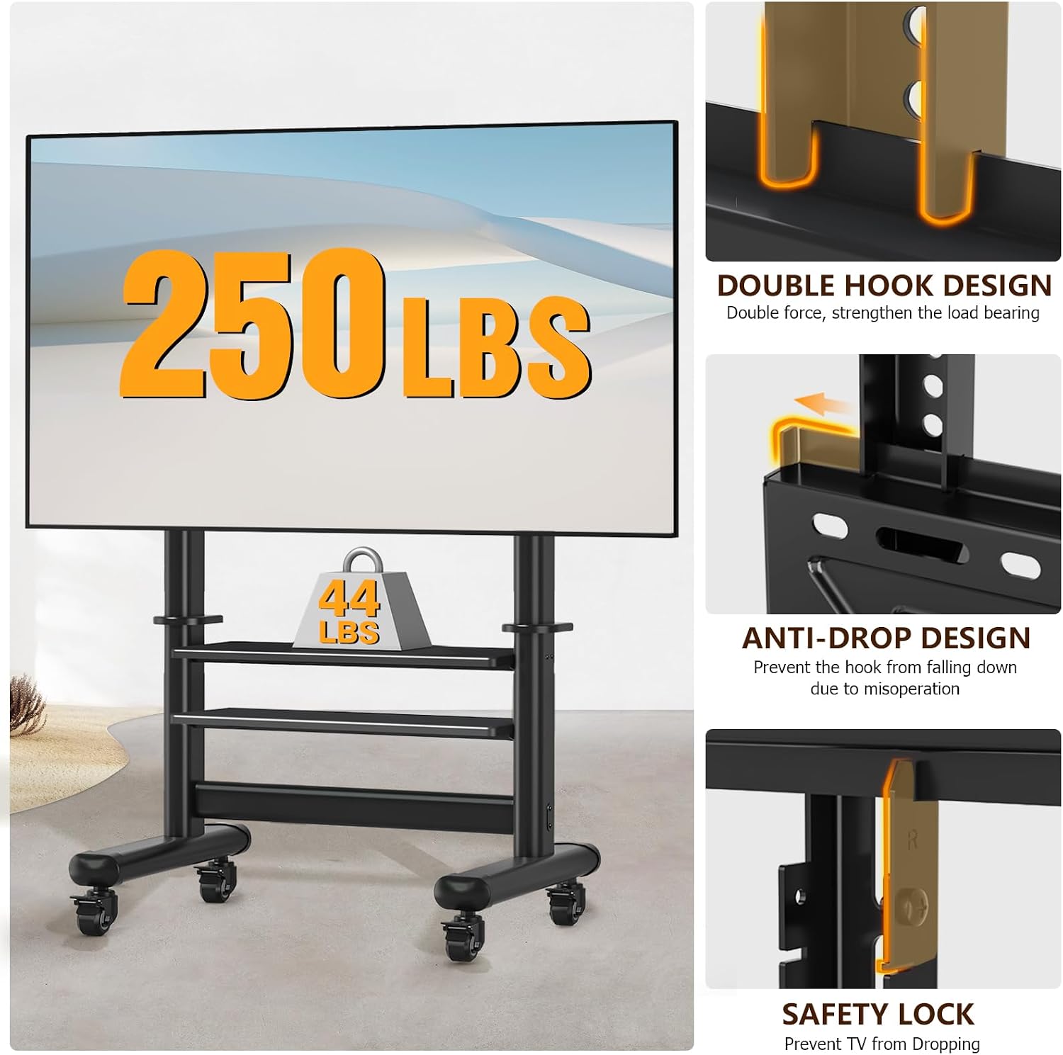 Mobile TV Cart Rolling TV Stand with Wheels for 55-120 Inch LCD LED Flat Curved Screens up to 250 lbs, Max VESA800x600 mm Heavy Duty Portable Floor TV Stand Large Base Trolley Height Adjustable