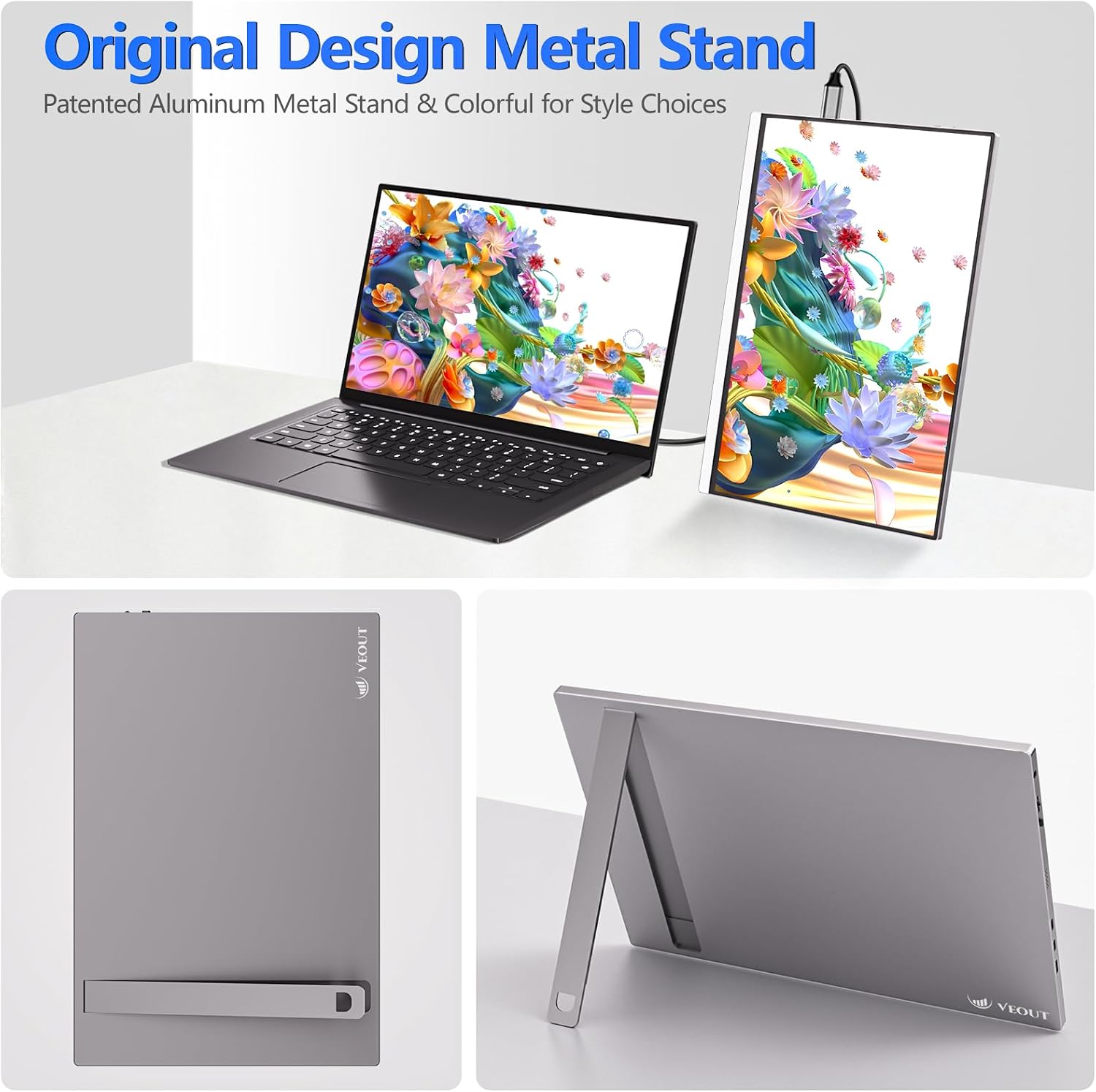 Veout External Second Screen for MacBook Pro (Silver), 1920x1200 IPS 16 inch Travel Monitor with Aluminum Metal Stand, Dual Type-C/Mini HDMI 16:10 Portable Display for iMac/Laptop/Mini PC