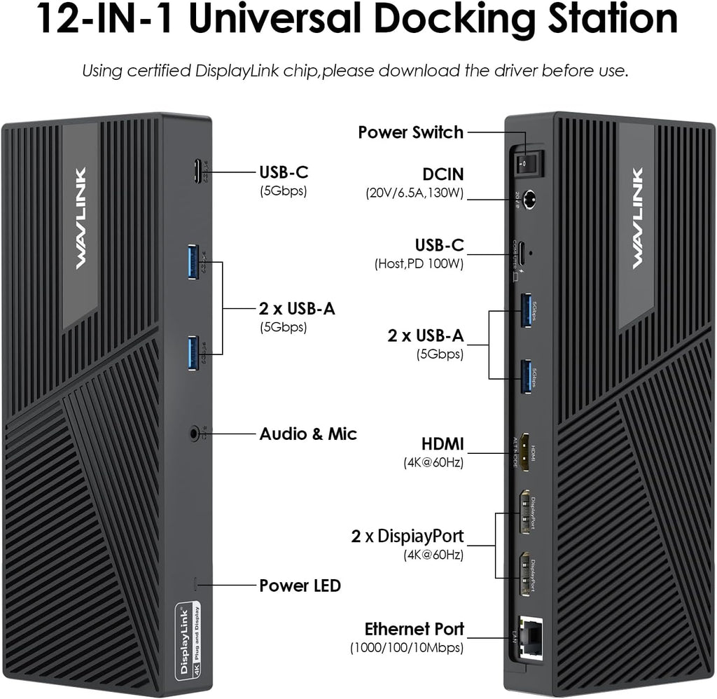USB C Docking Station 3 Monitors with 130W Power Delivery, 12-in-1 DisplayLink Dock with Triple Monitors (2*DP, HDMI, 4*Type-A, Type-C, RJ45, Mic/Audio) for Mac Windows