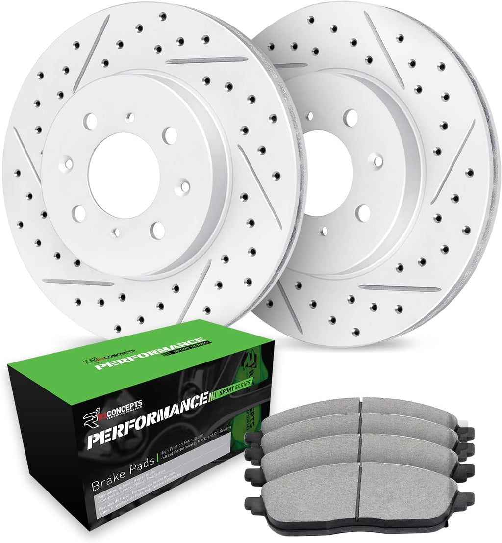 R1 Concepts Front Brake Kit Fits 2011-2013 Ford Fiesta; 2014-2019 Ford Fiesta Rear Drum Brakes S, SE, Titanium| Performance Sport Brake Pads and Drilled Slotted Brake Rotors| 10.2' Front