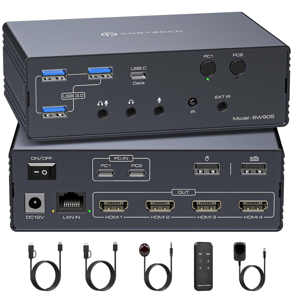 Thunderbolt KVM Switch Docking Station for Macbooks 4 Monitors 2 Computers HDMI 4K60Hz Displaylink USB C Dock for Laptops/Desktop Share 4xHDMI USBA/C Ethernet Audio Support Extended/Copy Mode