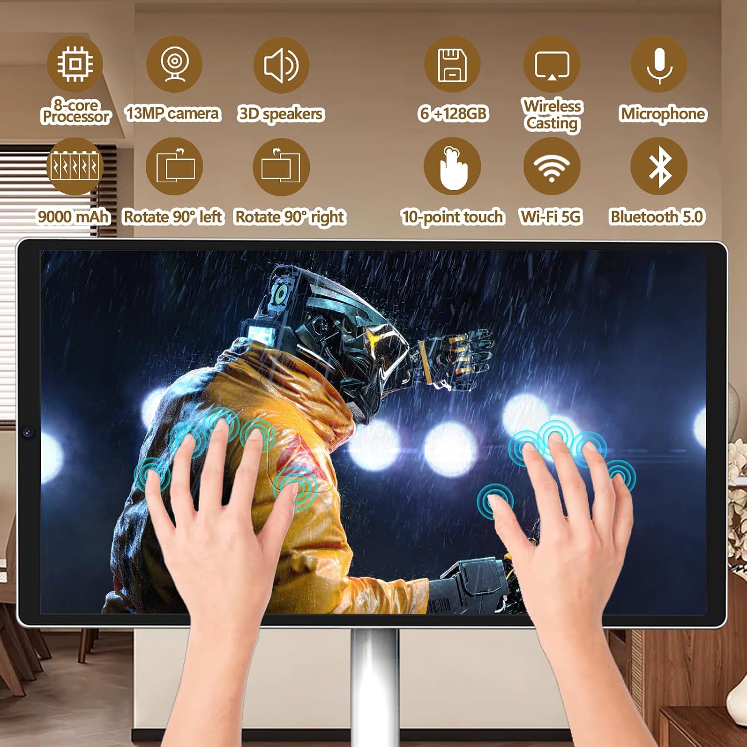 21.5' FHD Smart Portable TV, Rolling TV on Wheels, Android 15 OS, 6G +128GB Storage, Portable Touch Screen Monitor, 13MP Camera, Built-in Battery, 60Hz Refresh Rate, Full Swivel Rotation, Voice Remote